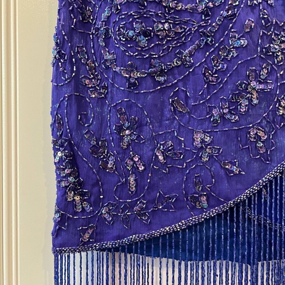 VTG Stenay Women 4 100% Pure Silk Royal Blue Beaded Fringe Elegant Flapper Dress - Picture 14 of 15